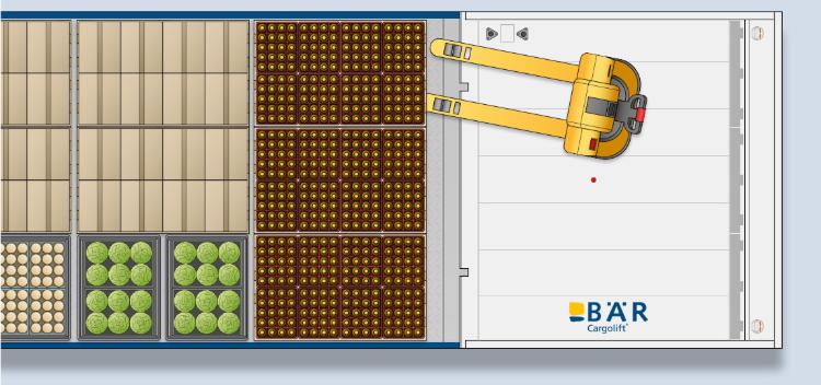 Vista dall'alto di un veicolo con carico eterogeneo e piattaforma con sponda idraulica aperta con carrello elevatore
