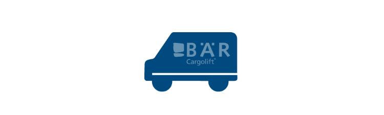 Il pittogramma blu mostra un furgone di lato con il logo Bar Cargolift
