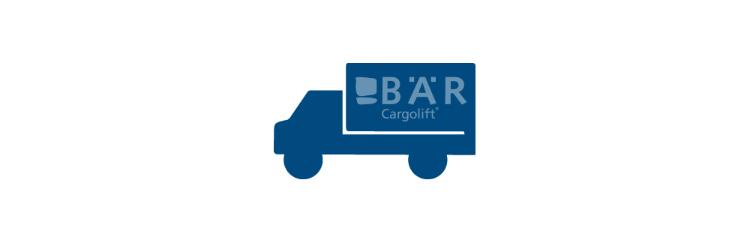 Il pittogramma blu mostra un furgone di profilo con il logo Bar Cargolift