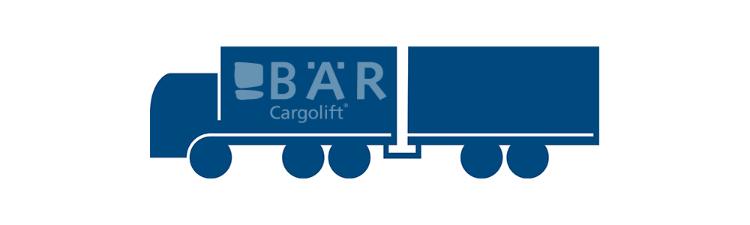 Il pittogramma blu mostra un autocarro a 3 assi con gancio basso visto di lato con il logo Bar Cargolift