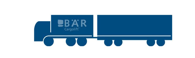 Il pittogramma blu mostra un autocarro a 3 assi con rimorchio a 4 assi visto di lato con il logo Bar Cargolift