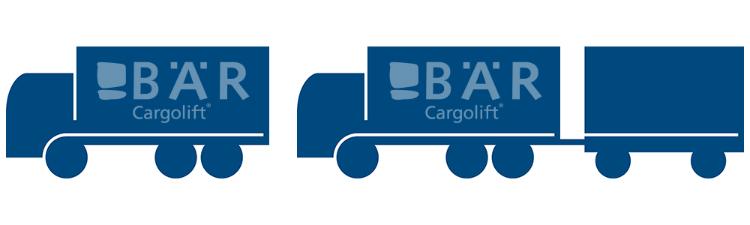 Il pittogramma blu mostra un autocarro a 3 assi e un autoarticolato di lato con il logo Bar Cargolift