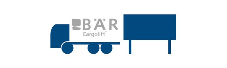 Il pittogramma blu mostra il sistema di cambio BDF di lato con il logo Bar Cargolift