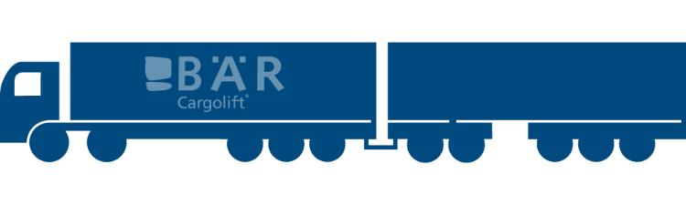 Il pittogramma blu mostra una combinazione di rimorchio-rimorchio vista di lato con il logo Bar Cargolift