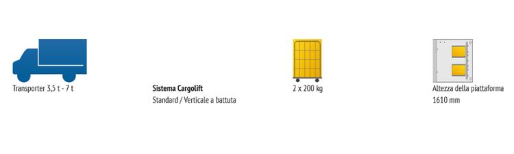 L'esempio 1 cerca una sponda idraulica Bar con altezza della piattaforma di 1610 mm per il trasporto di 2 contenitori su ruote in un furgone