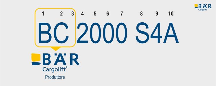 Nome del prodotto BC 2000 S4A con il testo BC evidenziato come produttore Bar Cargolift
