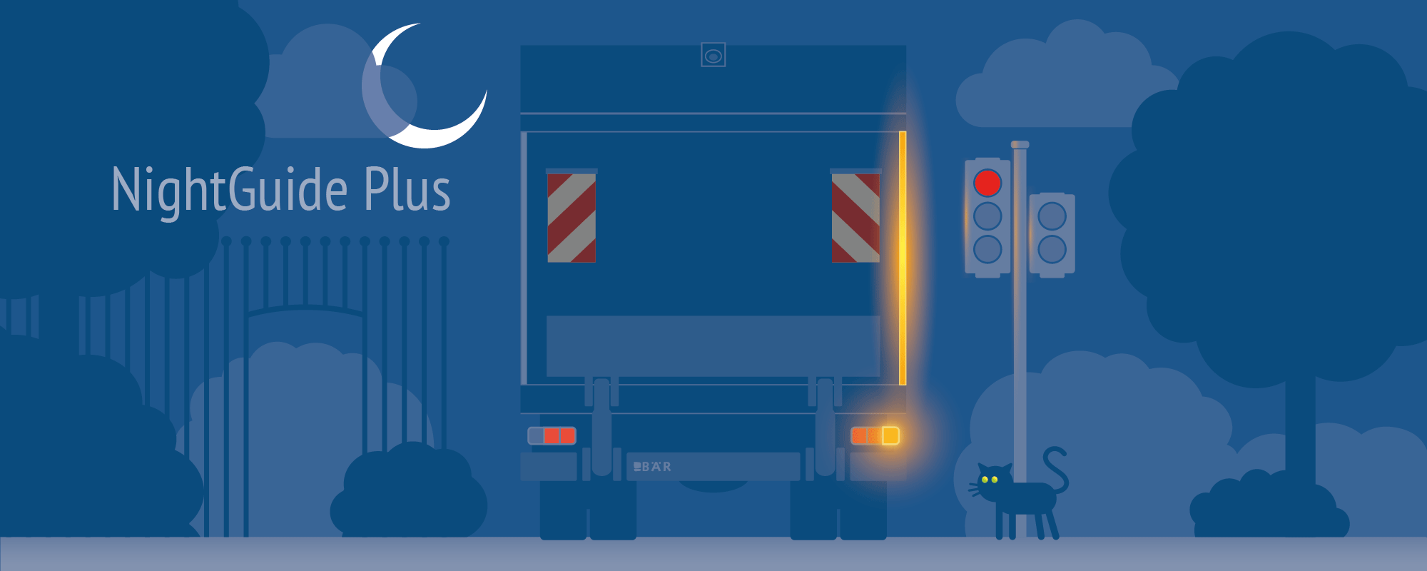 Grafica di un camion di notte a un semaforo rosso, il cui intero bordo esterno destro della piattaforma lampeggia con l'indicatore di direzione, i catadiottri riflettono